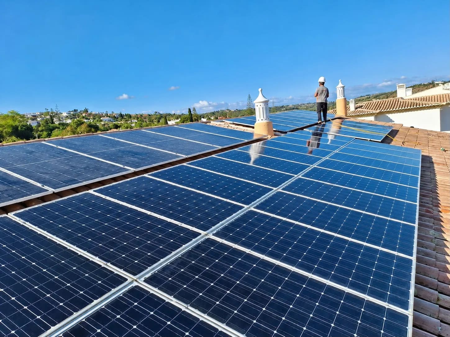 Grande instalação de painéis solares em telhado de moradia